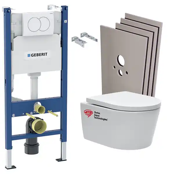 Dernier Modèle Pack Bâti-support 112cm + Cuvette Swiss Aqua Technologies sans bride + Plaque blanche + Set habillage (SATrimlessGeb3-sabo) GEBERIT