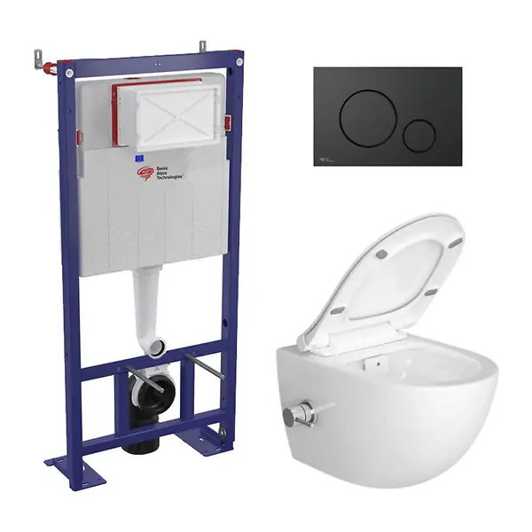 Commander Maintenant Swiss Aqua Technologies Pack WC bâti-autoportant + WC sans bride SAT Infinitio avec fonction bidet thermostatique + Abattant softclose + Plaque noir mat