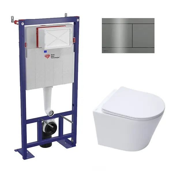 Pack WC bâti-autoportant + WC Infinitio sans bride + Abattant softclose + plaque en acier inoxydable, revêtement PVD, Gun Metal SWISS AQUA TECHNOLOGIES Solde