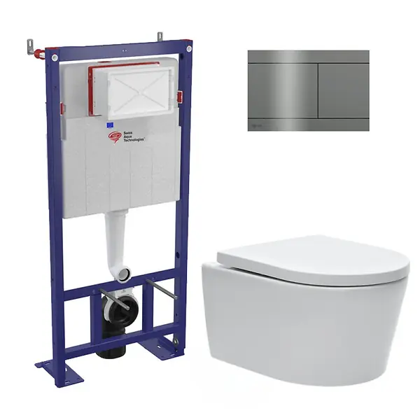 Top Vente Pack WC bâti-autoportant + WC SAT sans bride + Abattant softclose + plaque en acier inoxydable, revêtement PVD, Gun Metal SWISS AQUA TECHNOLOGIES