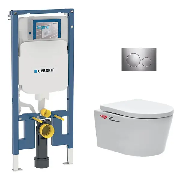 Pack WC bati-support Geberit + WC Swiss Aqua Technologies sans bride + abattant SoftClose + plaque (SLIM-SATrimless-F) Prix Réduit