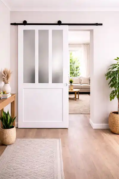 Porte Coulissante Atelier blanc vitre depoli H204 x L93 cm, Rail Roulettes, Coquilles blanc GD MENUISERIES Expédition Rapide