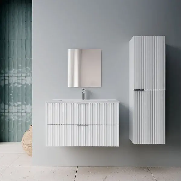 Produit De Marque Pack Meuble salle de bain 80cm et Colonne de rangement - Façades Blanches Ondulées - MILO AURLANE