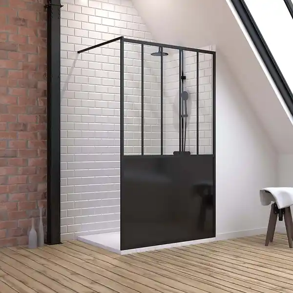 Meilleur Prix Pack Paroi de douche 120x200 cm noir mat - verre trempe 5mm + Receveur extra plat à poser - caniveau AURLANE