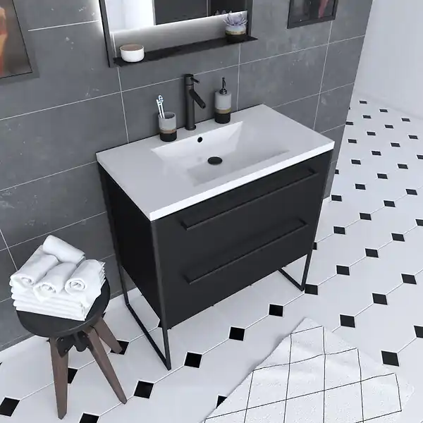 Meuble de salle de bain 80x50cm NOIR MAT - 2 tiroirs Noir mat - vasque blanche - STRUCTURA P054 AURLANE Authentique
