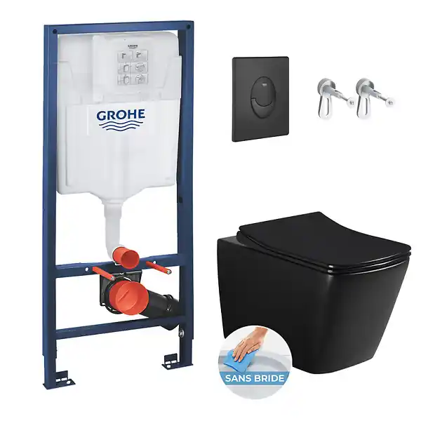 Swiss Aqua Technologies Pack WC Bâti-support Rapid SL + WC Square Infinitio sans bride noir mat + Abattant softclose + Plaque noire mat Certifié