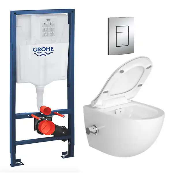 Retour Gratuit Pack WC Bâti-support Rapid SL + WC sans bride avec fonction bidet thermostatique + Plaque chrome SWISS AQUA TECHNOLOGIES