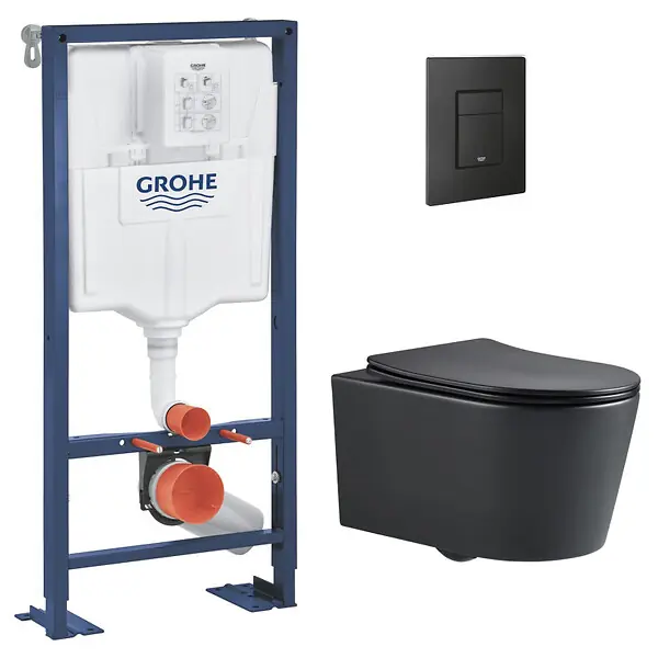 Pack WC Bâti Solido + WC sans bride SAT Noir mat + Abattant frein de chute + Plaque noir mat (AUTOPORTANT-BLACKSAT-KF0) GROHE Paiement Sécurisé