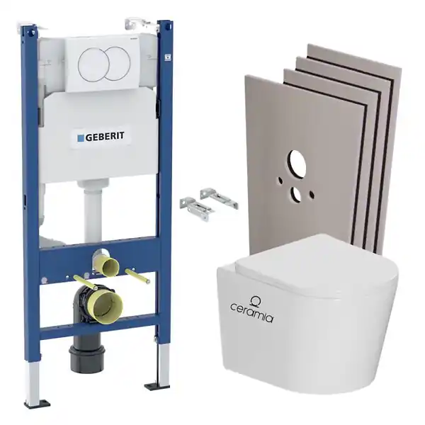 Dernière Chance Pack WC bâti-support Duofix 112 cm + WC suspendu sans bride + abattant SoftClose + set habillage + plaque blanche (CETORGEB3SB) GEBERIT