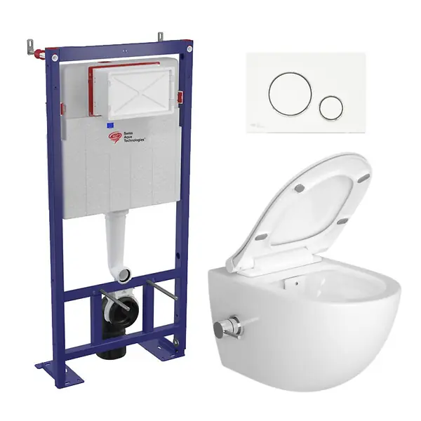 Pack WC bâti-autoportant + WC sans bride Infinitio fonction bidet thermostatique + Abattant softclose + Plaque blanche/chrome SWISS AQUA TECHNOLOGIES Must-Have