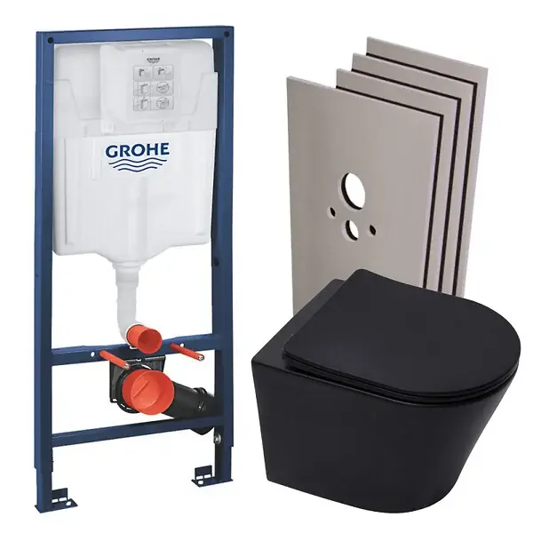 Meilleure Vente Pack WC Bâti-support Rapid SL + Cuvette SAT Infinitio noire mat + Abattant frein de chute + Plaque Chrome + Set habillage GROHE
