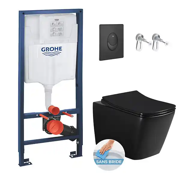 Offre Spéciale Grohe Pack WC Bâti-support Rapid SL + WC Square Infinitio sans bride noir mat + Abattant softclose + Plaque noire mat