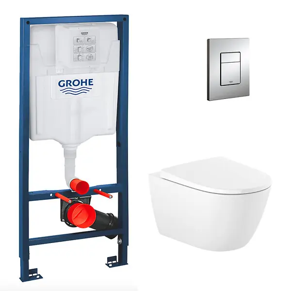 Grohe Pack WC Bâti-support Rapid SL + Cuvette suspendue Roca + Abattant softclose+ Plaque Chrome (RapidSL-Ona-1) Achat Immédiat