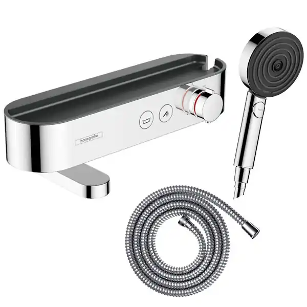 Retour Gratuit Pack mitigeur bain douche thermostatique ShowerTablet Select + Flexible Metaflex + Pommeau de douche Pulsify Select 3 jets Chromé HANSGROHE