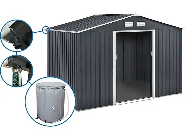 Abri de jardin métal -"Vegas" - 7.06 m² avec gouttière et récupérateur d‘eau - Gris HABITAT ET JARDIN Commander Vite