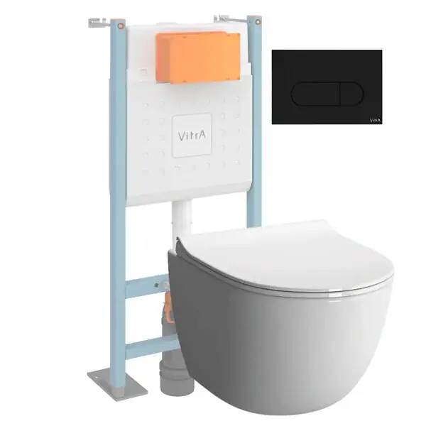 Pack WC suspendu VitrA Sento blanc + bâti autoportant V-Fix Core + Plaque Round Noir mat Haute Qualité