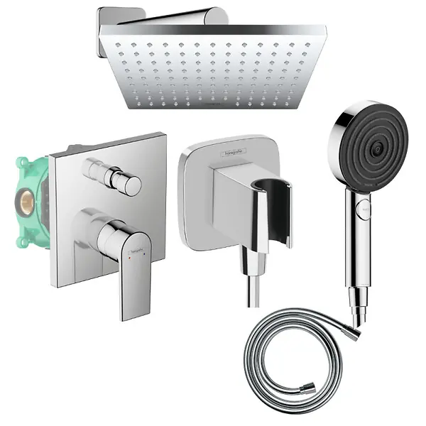 Colonne de douche encastrée mécanique Vernis Shape Douche de tête Vernis Shape Flexible Isiflex Douchette Pulsify chromé HANSGROHE Prix Cassé