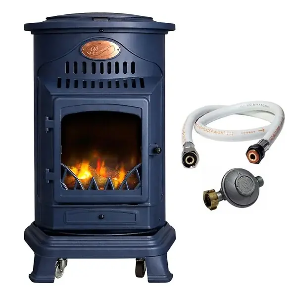 Poele à gaz 3,4KW Bleu Saphir Mat Effet poêle à bois Fonte véritable + Tuyau gaz + détendeur butane Provence Sahara Seulement Aujourd'hui