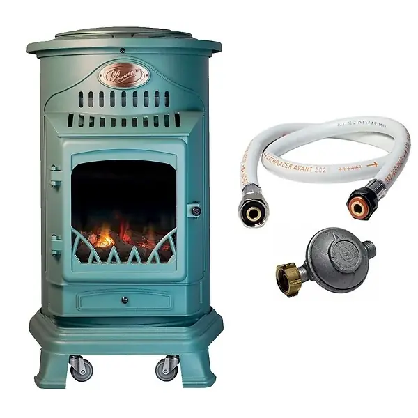 Poele à gaz 3,4 KW Vert Fonte véritable Effet poêle à bois + Tuyau gaz + détendeur butane Provence UNIVERSAL Expédié Aujourd'hui