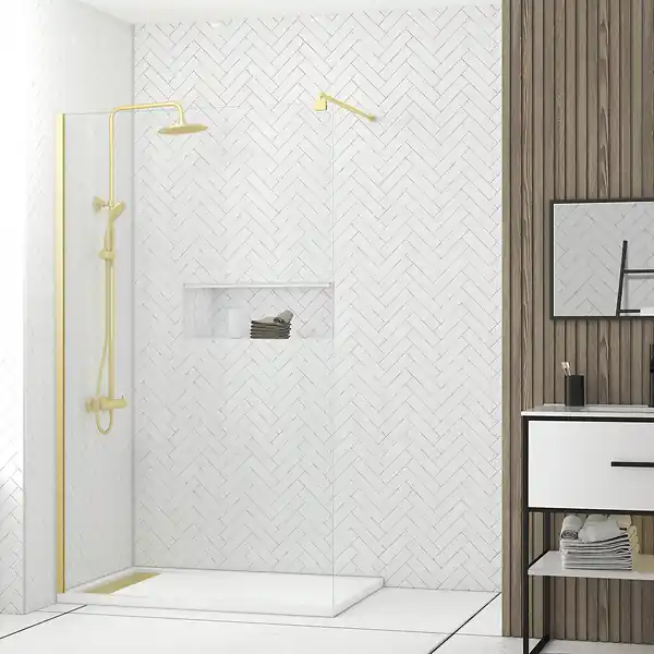 Jusqu'à Épuisement Des Stocks Paroi de Douche 120x200cm - Profilé + Bras extensible + Colonne de douche Thermostatique Or Brossé AURLANE