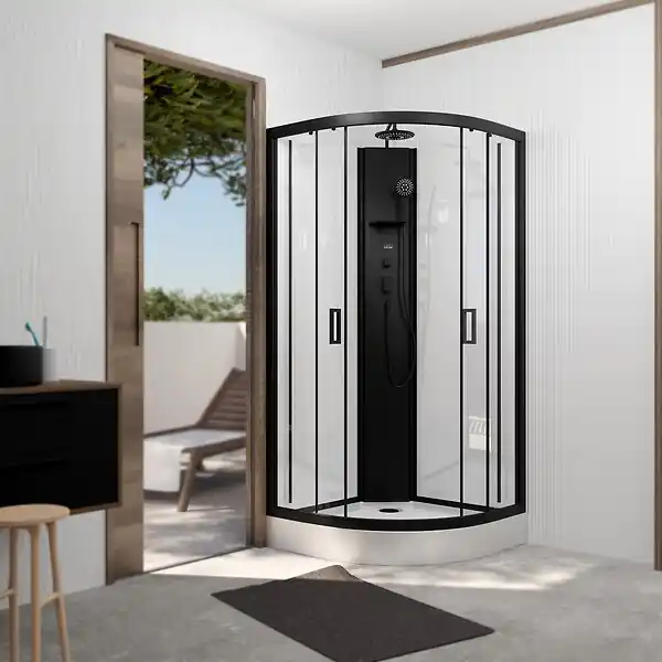 Cabine de douche 1/4 de cercle 85x85x210/235 cm - Receveur + Fonds Blancs / Colonne + Profilés Noirs AURLANE Satisfait Ou Remboursé