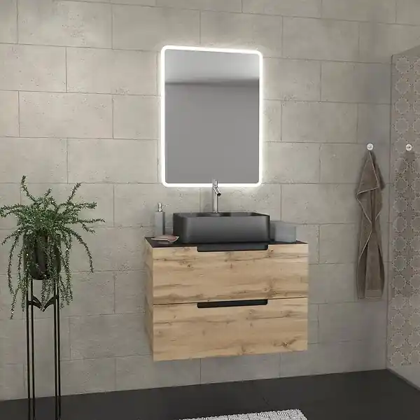 Meuble salle de bains 80 cm 2 tiroirs - Chêne et noir - Vasque rectangle - Miroir Led - OMEGA AURLANE Réduction