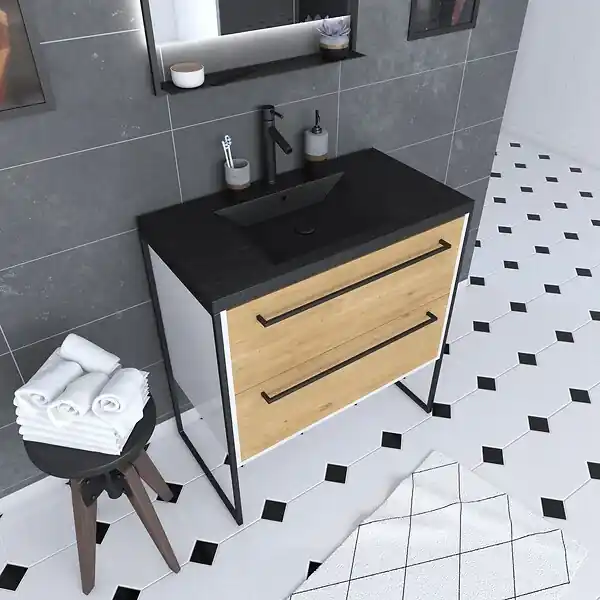 Meuble de salle de bain 80x50 cm + 2 tiroirs chêne naturel + vasque résine noir effet pierre AURLANE Pas Cher