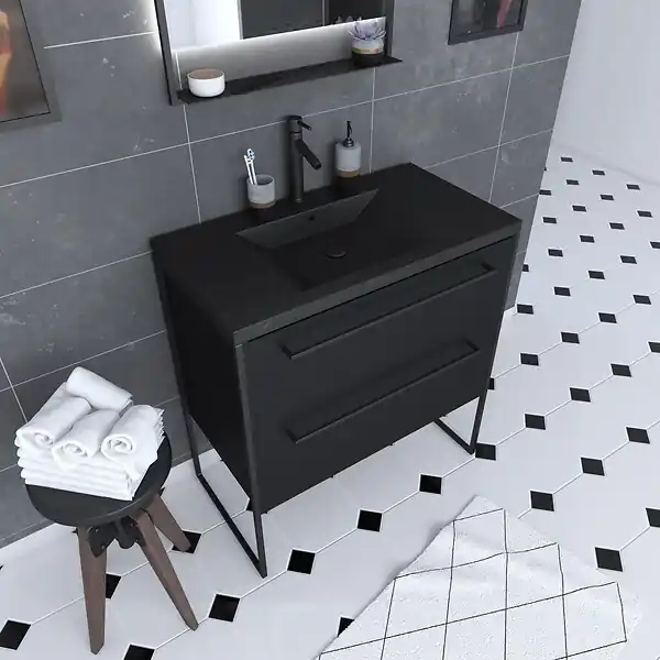 Meuble de salle de bain 80x50cm - 2 tiroirs - vasque résine noire effet pierre - STRUCTURA F051 AURLANE Jusqu'à Épuisement Des Stocks