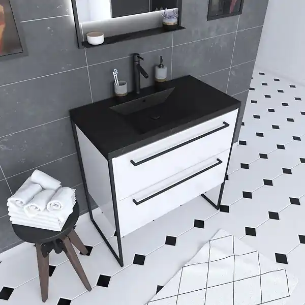 Petit Prix Meuble de salle de bain 80x50cm Blanc - 2 tiroirs blanc - vasque resine noire effet pierre AURLANE