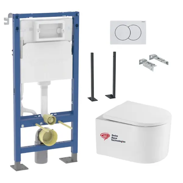 Bâti-support Geberit + WC sans bride Swiss Aqua Technologies + Abattant SoftClose + pieds autoportants + Plaque (DelanoTQGebX) Livraison Express