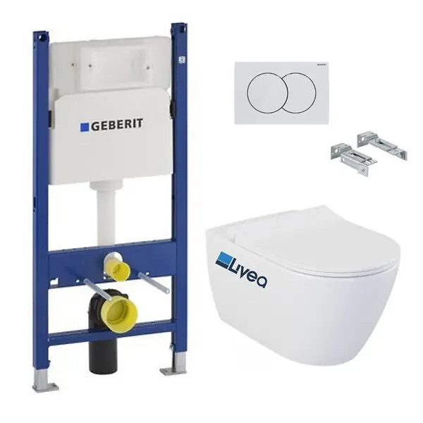 Offre Limitée Pack WC Bati-support Geberit Duofix + Cuvette suspendue sans bride Livea Bello + Abattant soft close + Plaque Blanche (BelloGeb3