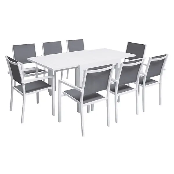 Meilleur Choix Salon de jardin VENEZIA extensible 90/180 en textilène gris 8 places - aluminium blanc HAPPY GARDEN