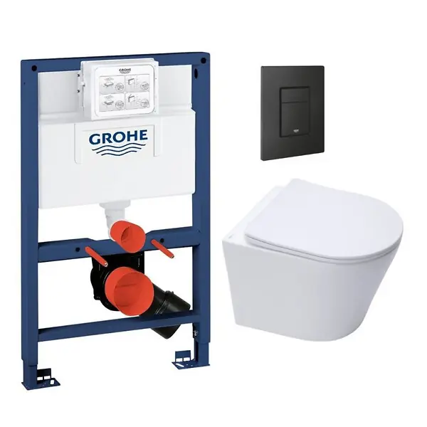 Grohe Pack WC Bâti-support Rapid SL + WC Swiss Aqua Technologies Infinitio sans bride + Plaque Noir mat (RapidSL082-Infinitio-KF0) Retour Gratuit