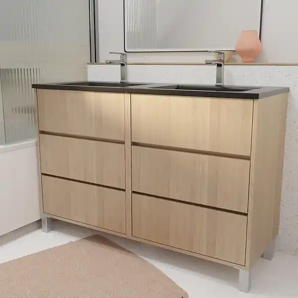 Bon Plan Meuble de salle de bains 120 cm 6 Tiroirs Chêne Clair + Vasque Double Céramique Noire - XENOS AURLANE