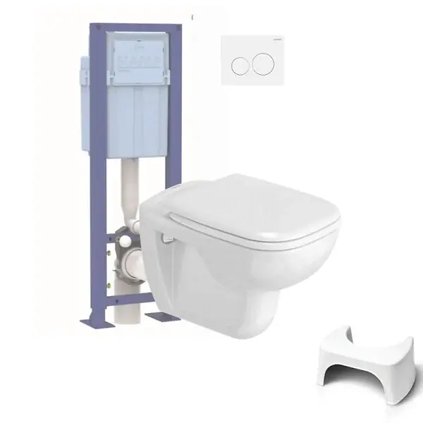 Offre Exclusive Pack WC suspendu D-code + bati support + plaque + tabouret physiologique blanc DURAVIT