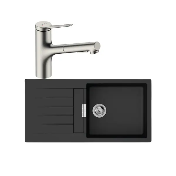 Commander Vite Evier 1 bac 980 S52 synthèse noir + robinet de cuisine avec douchette Zesis M33 150 2 jets aspect acier inox HANSGROHE