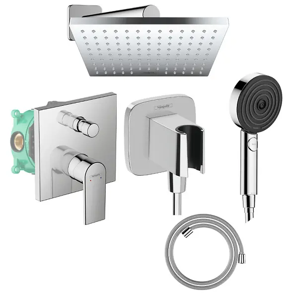 Colonne de douche mécanique Vernis Shape Douche de tête Vernis Shape Flexible Designflex Douchette Pulsify chromé HANSGROHE Satisfait Ou Remboursé
