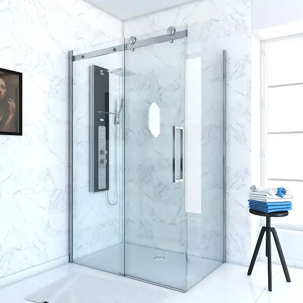 Porte de Douche Coulissante 120x200 cm + Retour 80x200 cm - Aluminium Chromé - Verre Trempé 8 mm AURLANE Haute Qualité