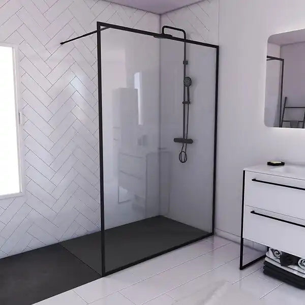 Paroi de douche 140x200 + receveur a poser 140x90 cm + cadre et barre noir mat - CONTOURING 140 AURLANE Retour Gratuit