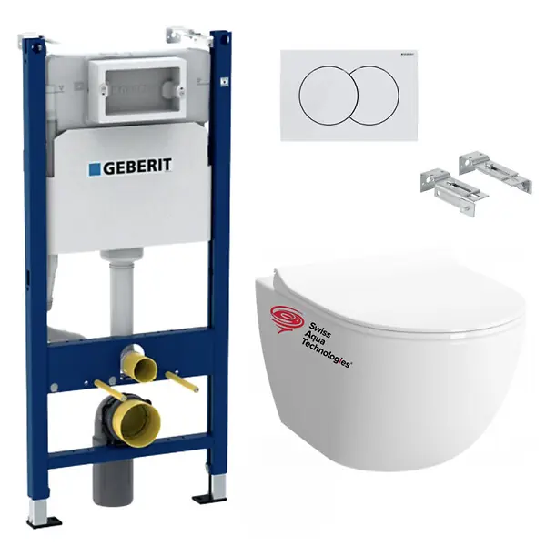 Geberit + Swiss Aqua Technologies Pack WC sans bride Infinitio, fixations invisibles + Abattant softclose slim + Bâti support Geberit UP100 + Plaque blanche Produit De Marque