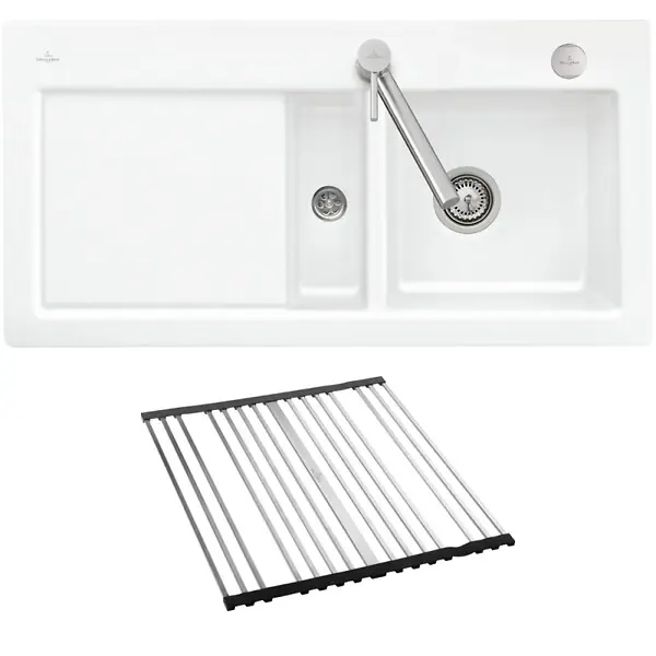 Evier 1 bac et demi Subway Pure 60 100 x 51 égouttoir à gauche céramique sans vidage blanc + Egouttoir déroulable VILLEROY ET BOCH Offre Limitée