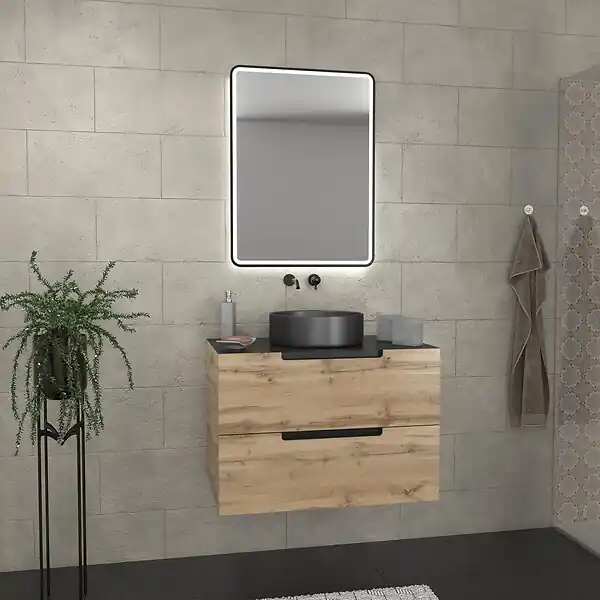 Meuble salle de bains 80 cm 2 tiroirs - Chêne et noir - Vasque ronde - Miroir Black Led - OMEGA AURLANE Populaire