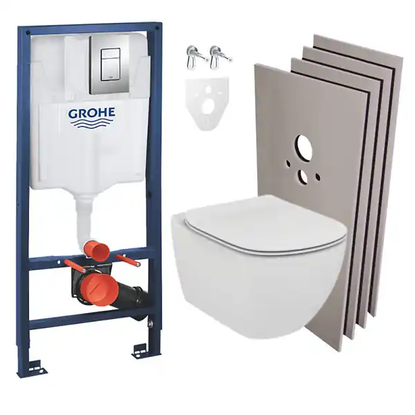 Grohe Pack WC Bâti-support + Cuvette Ideal Standard Tesi Aquablade rimless + Plaque chrome + Set habillage (HGROHEAQUA-SET) Must-Have
