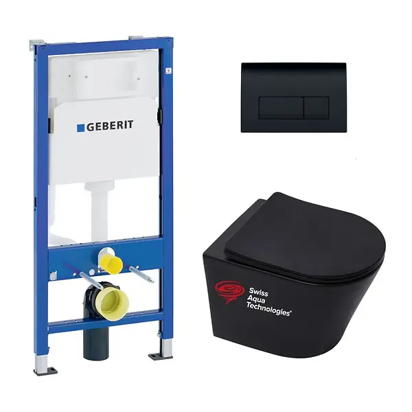 Super Prix Pack WC bâti Duofix + WC sans bride Infinitio Noir mat + Abattant frein de chute + Plaque Delta 50 Noire GEBERIT