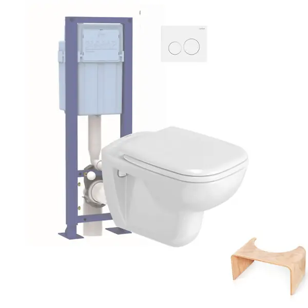 Pack WC suspendu D-code + bati support + plaque + tabouret physiologique bois DURAVIT Achat Immédiat