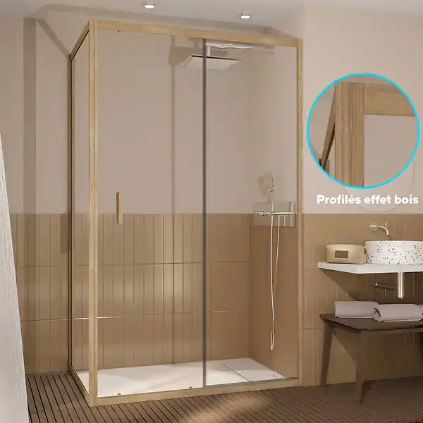 Solde Porte de Douche Coulissante et Retour 120x80x200cm - Profilés Alu Effet Bois - Verre Trempé 6mm AURLANE