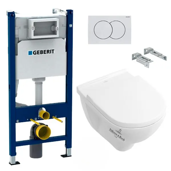 Produit De Marque Geberit + Villeroy & Boch Pack WC Bâti-support Duofix + WC Cuvette à fond creux sans bride O.novo Villeroy & Boch + Abattant softclose + Plaque blanche