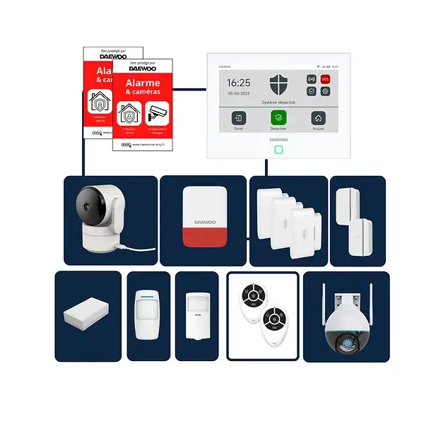 Usine Directe Daewoo - Alarme maison sans fil avec écran tactile 7‘‘ AM351 livrée avec 2 caméras Full HD et 12 accessoires - Sans abonnement - Application gratuite
