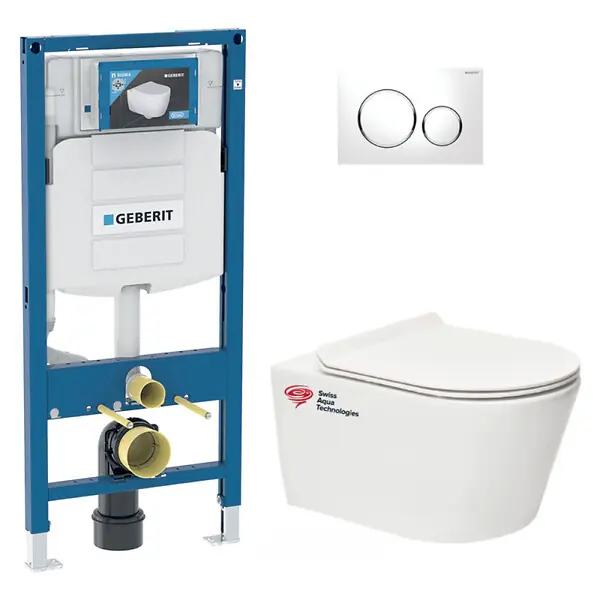 Offre Spéciale Pack WC bâti-support Geberit + WC sans bride Swiss Aqua Technologies + Abattant SoftClose + Plaque chrome (GebBrevis-C)