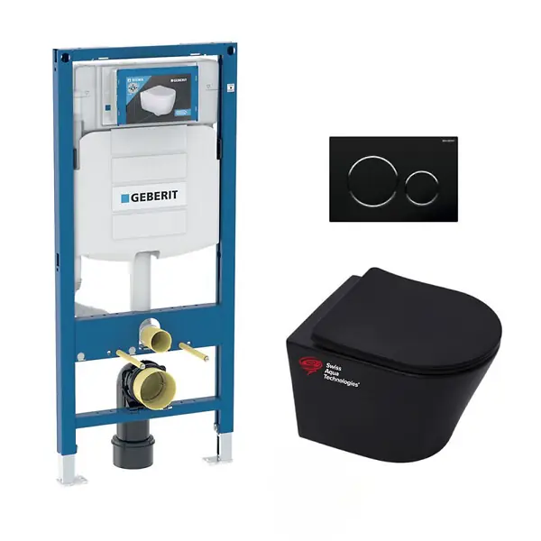 Petit Prix Pack WC Bati Geberit + WC suspendu Swiss Aqua Technologies sans bride + abattant SoftClose + plaque noire (GebBlack
